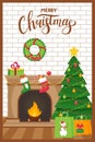 Template new year, Christmas greeting card with the words Merry Christmas. Fireplace, Christmas tree and gift bags on the Royalty Free Stock Photo