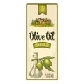 Template olive label. Branch with leaves. Rural landscape color engraving