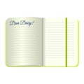 Template Open a blank notepad with the words Dear Diary. Vector personal diary with a green cover and bookmark. on white Royalty Free Stock Photo