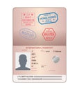 Template of an open passport with stamps, seals. Travel, immigration.