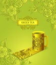 Template package cup of tea with Zen-doodle flowers green