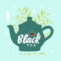 Template of package with hand draw teapot, text Black tea, vapor, leaves, hearts blue background. Vector Royalty Free Stock Photo