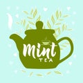 Template of package with hand draw teapot, text Mint tea, vapor, leaves, hearts blue background. Vector Royalty Free Stock Photo