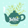 Template of package with hand draw teapot, text Yellow tea, vapor, leaves, hearts blue background. Vector Royalty Free Stock Photo