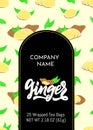 Template of packaging Ginger tea, company name. Pattern with leaves, piece of root.Finished design Vector illustration. Hand Royalty Free Stock Photo