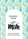 Template of packaging Milk tea, company name. Pattern with leaves, gold frame. Finished design for box, pack, business card of Royalty Free Stock Photo