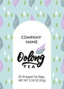 Template of packaging Oolong tea, company name. Pattern with leaves, gold frame. Finished design for box, pack, business card of