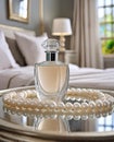 A template of perfume bottle on a mirror surface with pearl necklace in a luxury bedroom