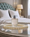A template of perfume bottle on a mirror surface with pearl necklace in a luxury bedroom