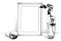 Template picture in frame standing on the table next to a glass vase with a flower and with an Apple and lemon