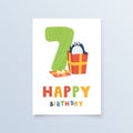 Template postcard seven years with penguin gift greeting card birthday holiday