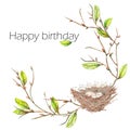 Template postcard of the watercolor bird nest with eggs on the apple tree branches, hand drawn on a white background Royalty Free Stock Photo