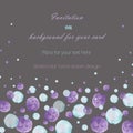 Template postcard with the watercolor blue and purple bubbles (spots, blots), hand drawn on a dark background