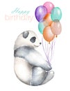 Template of postcard with watercolor illustration panda and air balloons Royalty Free Stock Photo