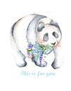 Template of postcard with watercolor illustration panda and bouquet of flowers