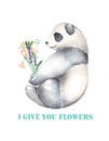 Template of postcard with watercolor illustration panda and bouquet of flowers