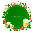 Template with round negative space in green color for text. St. Patrick\'s Day holiday. Copy space. Vector illustration