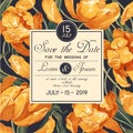 Wedding or party invitation template. Save the Date card with blooming yellow tulips Royalty Free Stock Photo