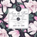 Square card template with white magnolia flowers. Spring, botanical wedding invitation Save the Date. Royalty Free Stock Photo