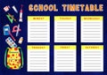 Template of school timetable with days of week and free spaces for notes. Hand drawn watercolor Illustration with cartoon backpack