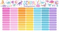 Template school timetable. Illustration includes hand drawn elements of school supplies Royalty Free Stock Photo