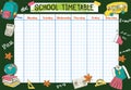 Template school timetable for students. Vector Illustration includes many hand drawn elements of school supplies and Royalty Free Stock Photo