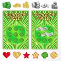 Template scratch ticket to win. Illustrations of coins, bills, g