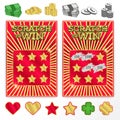 Template scratch ticket to win. Illustrations of coins, bills, g