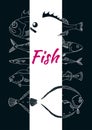 Template with set of sea fish on black background. Vector sketch Royalty Free Stock Photo