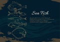 Template with set of sea fish. Perch, cod, mackerel, flounder, saira. Vector doodle. Royalty Free Stock Photo