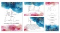 Watercolor abstract aquamarine wedding set with  hand drawn blue and pink background. Royalty Free Stock Photo