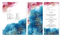 Watercolor abstract aquamarine wedding set with  hand drawn blue and pink background. Includes menu and table number templates. Royalty Free Stock Photo