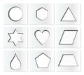 Template for simple geometric shapes with inner shadow - circle, hexagon, triangle, star, heart, drop, pentagon, trapezoid, rhombo