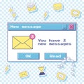 Template for social networks with a retro window with notification of new messages. Y2k stickers icons of message, comment,