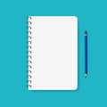 Template of spiral paper notebook for note. Mockup notepad with metal binder and pencil. Flat empty diary, copybook for school.