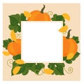 Template square frame with pumpkins and autumn leaves. Fall vector background