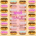 Template for sweet sale in market, cafe, bakery, pastry shop. Set of donuts assorted on napkins on warm orange background. Vector