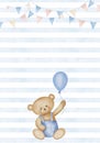 Template with Teddy Bear and garlands for Baby shower greeting cards or newborn party invitations. Watercolor Royalty Free Stock Photo