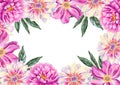 A4 template for text with beautiful peony. Frame or border with pink flowers with leaves. Realistic high quality