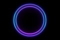 Template for text Blue and purple neon glowing glare circle with rays. Frame isolated on black background Royalty Free Stock Photo