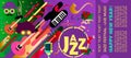 Template for the ticket of the jazz festival with musical instruments. Colorful festival of jazz music. Christmas and New Year mus Royalty Free Stock Photo