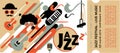 Template for the ticket of the jazz festival with musical instruments. Illustration with saxophone and piano keys and guitar. Colo Royalty Free Stock Photo