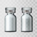 Template of transparent glass medical vial with aluminium cap. Empty glass ampule and ampule with vaccine or drug for medical Royalty Free Stock Photo