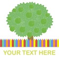 Template for typography banner. Green apple tree, colorful fence, Your text here on white