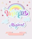 Template with Unicorn, Rainbow, clouds.