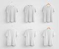 Template of universal white t-shirt, fashion clothes on background, front and back views, hanging on a hanger, for design