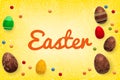 Template vector card with realistic 3d render eggs, candies. Handwriting Happy Easter. Doodles hand drawn elements