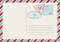 Template of vintage air mail postcard and envelope. Texture grunge christmas stamp rubber with holiday symbols in traditional Royalty Free Stock Photo