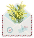 Template of vintage post card envelope with hand-drawn sketch branch of yellow mimosa flower. Texture grunge 8 march