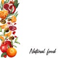 Template with watercolor fruit and nut pattern. Background with fresh bright tangerines garnets, walnuts, peeled, slices, leaves